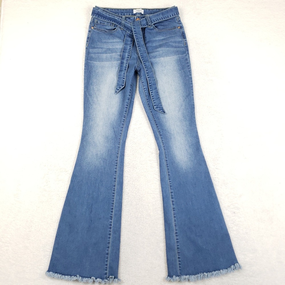 YMI Jeans Women 9/29 Flare Bell Bottom Tie Waist Frayed Hem Stretch Blue Denim